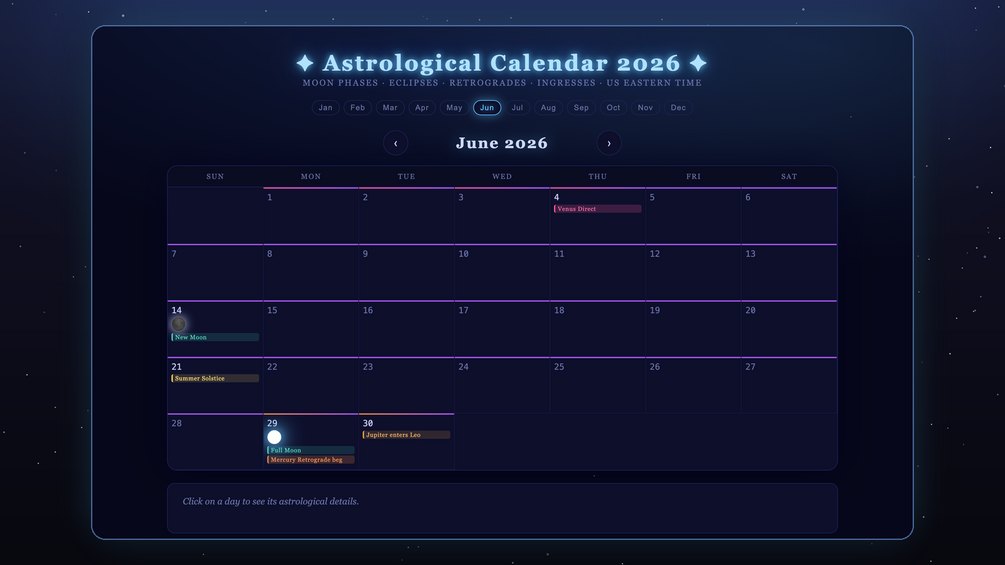 The interactive 2026 astrological calendar, June view